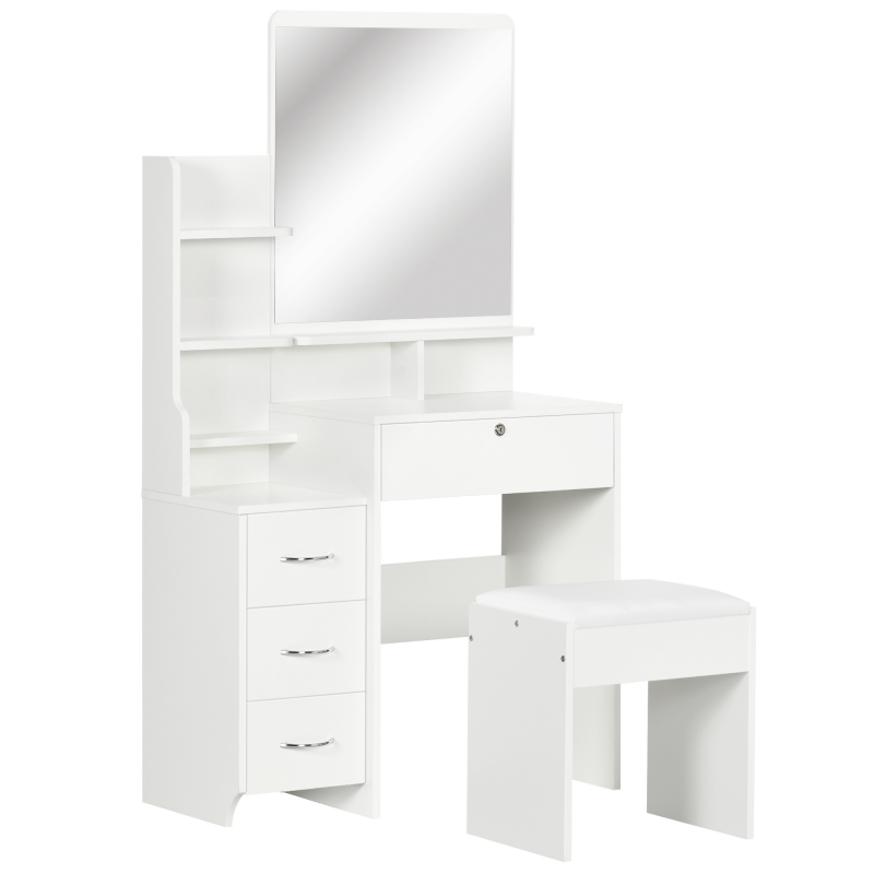 HOMCOM Schminktisch mit Hocker, Kosmetiktisch mit Spiegel, Frisiertisch mit Schubladen, Ablagen, Frisierkommode mit Anti-Kipp-Schutz für Schlafzimmer, Weiß, 80 x 38 x 143cm Aosom – Bild 1 von 2