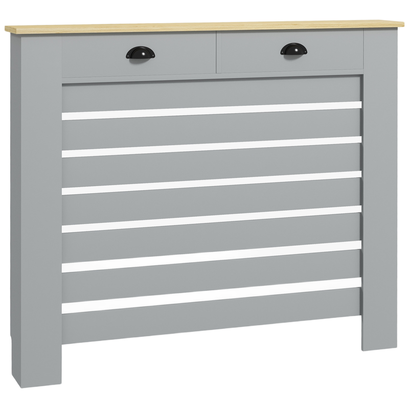 HOMCOM Moderne Lamellenheizkörperverkleidung, Gitterverkleidung mit 2 Schubladen aus MDF, für Zuhause und Büro, 111x19x95,5 cm, Grau Aosom – Bild 1 von 2