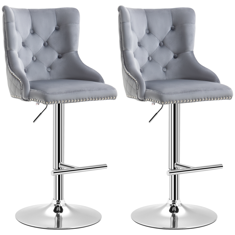 HOMCOM 2er Set Barhocker Barstühle Drehstühle mit Fußstütze, höhenverstellbare Wohnzimmerstühle mit Samt-Optik, für Bartheke, Küche, Hellgrau, 46 x 55 x 102-123 cm Aosom – Bild 1 von 2