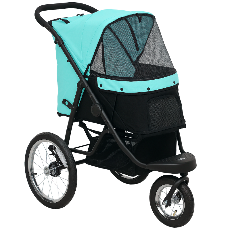 PawHut Hundewagen Jogger Hundebuggy klappbar für kleine Hunde & Katzen bis 10 kg Katzenbuggy mit 3 große Gummiräder, Kissen Netzfenstern Aufbewahrungskorb Katzenwagen mit Sicherheitsleinen, Türkis Aosom – Bild 1 von 2