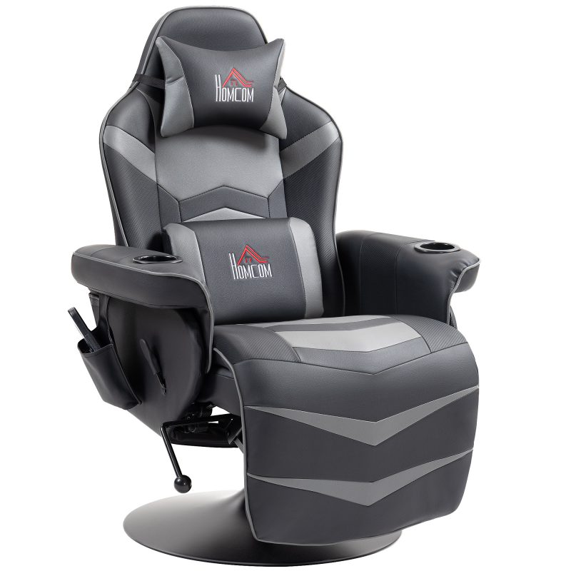 HOMCOM Relaxsessel mit Massagefunktion, Fernsehsessel mit Liegefunktion, Kissen, Drehbar TV-Sessel mit Fernbedienung, Becherhalter und Seitentasche, Kunstleder, Grau Aosom – Bild 1 von 2