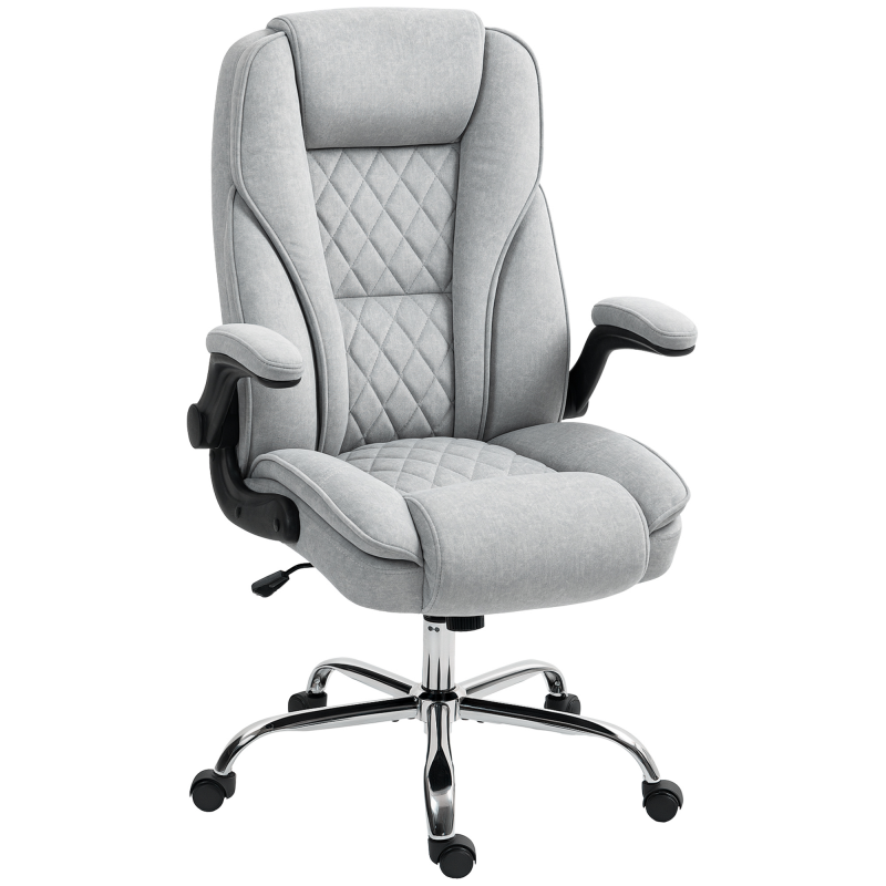HOMCOM Bürostuhl, ergonomischer Bürostuhl mit breiter gepolsterter Sitzfläche, höhenverstellbar, hochklappbare Armlehnen, hoher Rücken, 360° drehbar, samtiger Stoff, bis 135 kg belastbar, grau Aosom – Bild 1 von 2