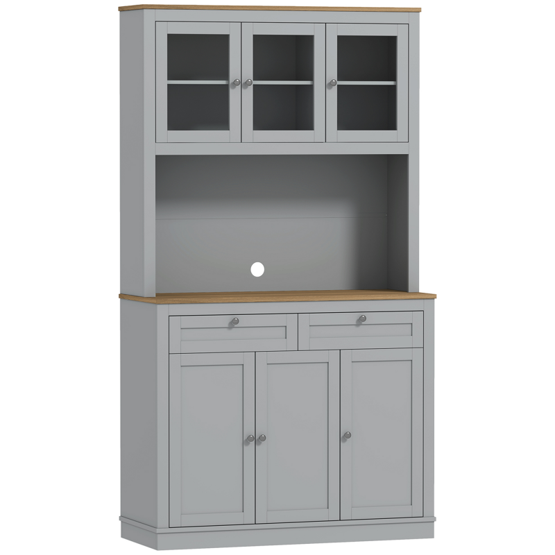 HOMCOM Küchenschrank, Küchenmöbel, mit 3 Glastüren, offene Arbeitsplatte für Mikrowelle, 2 Schubladen und verstellbare Regale, 100x40x180 cm, Grau Aosom – Bild 1 von 2