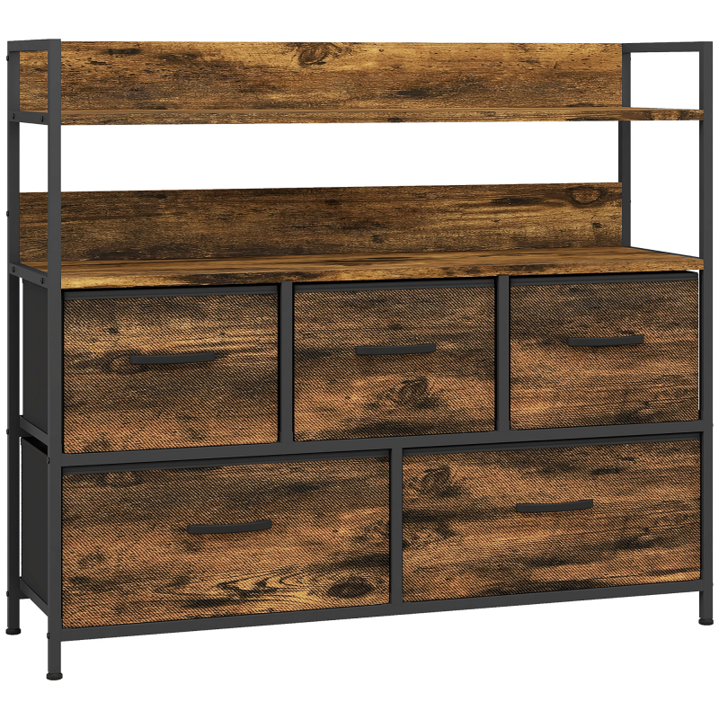 HOMCOM Kommode mit 5 klappbaren Stoffschubladen, offene Ablagen & Stahlrahmen – Industrie-Stil, 98 x 29 x 85 cm, rustikabraun Aosom – Bild 1 von 2