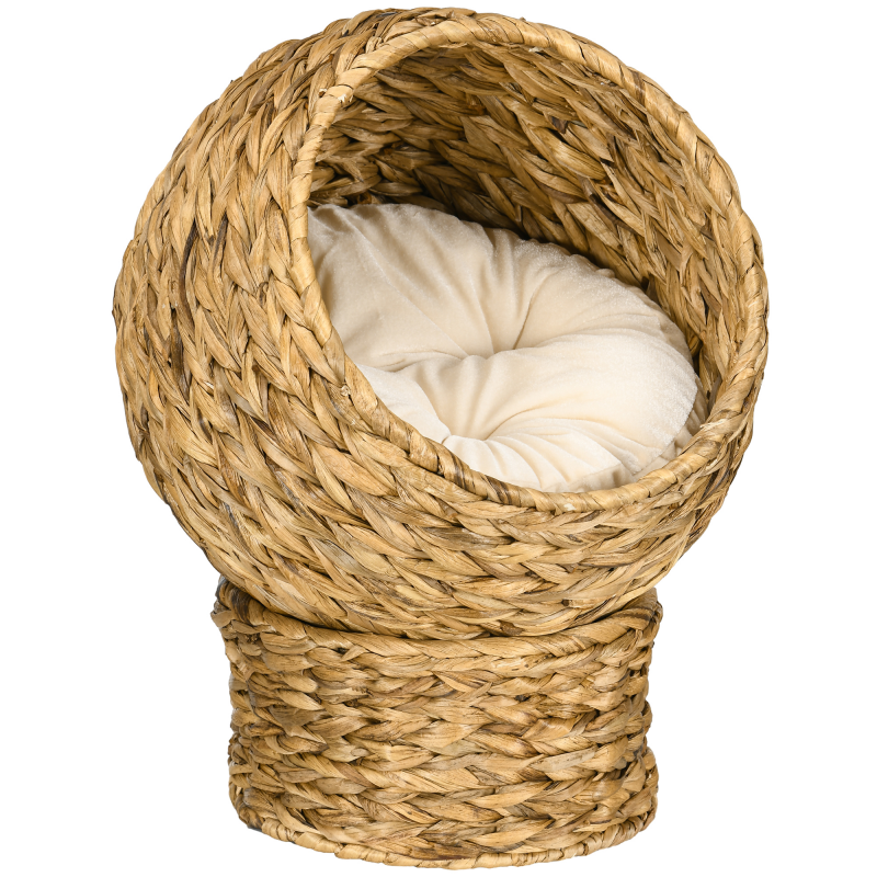 PawHut Rattan Katzenkorb Katzenbett mit Kissen 42x33x52cm aus Wasserhyazinthe, bequem & hellbraun für Katzen Aosom.de – Bild 1 von 2