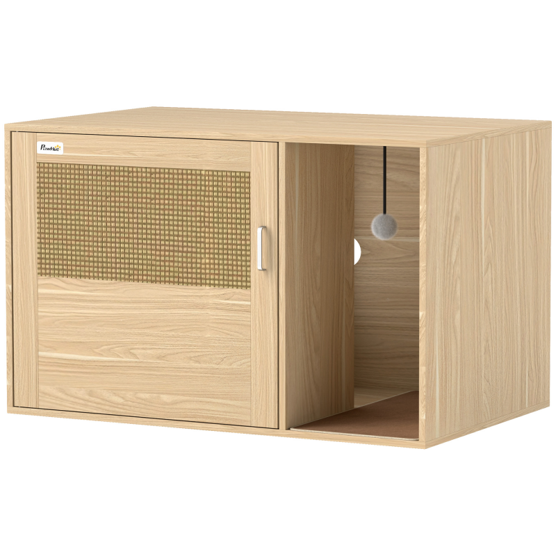 PawHut Katzenklo‑Möbel mit Kratzmatte & Rattan‑Tür, Beistelltisch 80 × 50 × 50 cm, Eiche Aosom – Bild 1 von 2