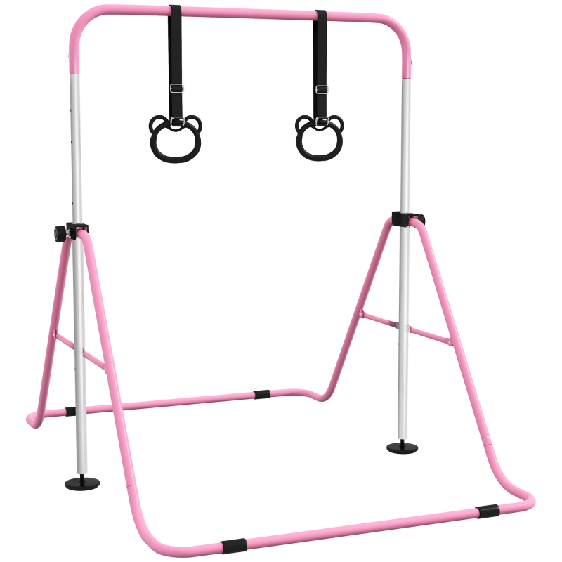 HOMCOM Kinder Gymnastik Turnreck 5-stufige höhenverstellbar Reckstange Reckanlage mit Gymnastikringen für Indoor bis 50 kg belastbar Stahl Rosa Aosom – Bild 1 von 2