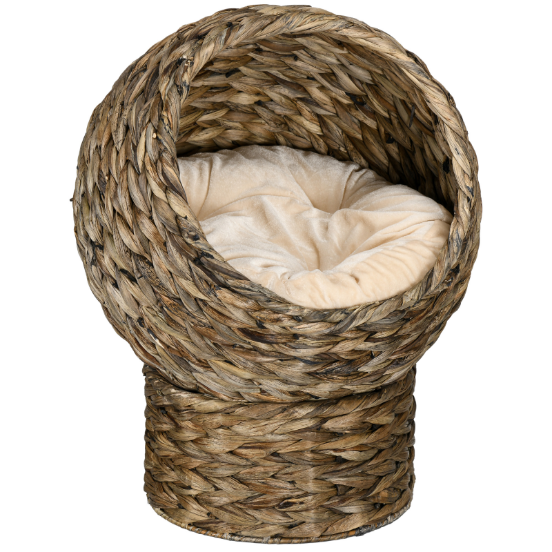 PawHut Rattan Katzenkorb kuschelige Katzenhöhle mit Kissen, Haustierbett aus Wasserhyazinthe dunkelbraun 42x33x52cm für entspannte Katzen Aosom.de – Bild 1 von 2