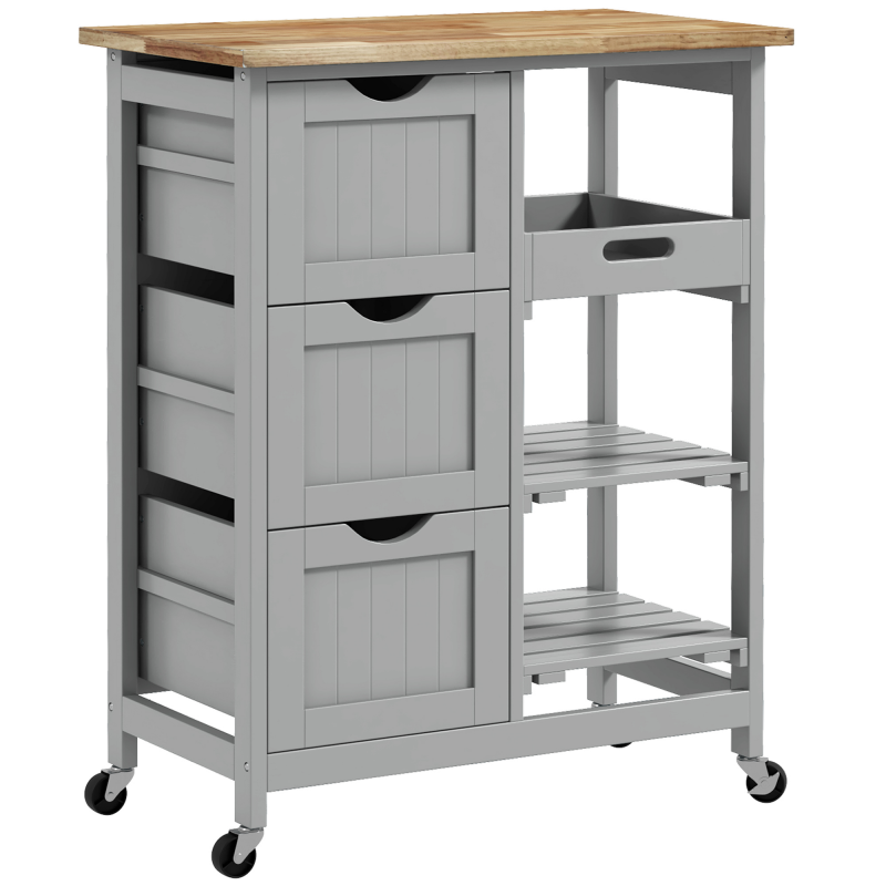 HOMCOM Küchenwagen auf Rollen mit Gummibaumholz-Arbeitsplatte, 3 Schubladen & abnehmbarem Tablett, 2 Regale, 67×37×85,5 cm, Grau Aosom – Bild 1 von 2