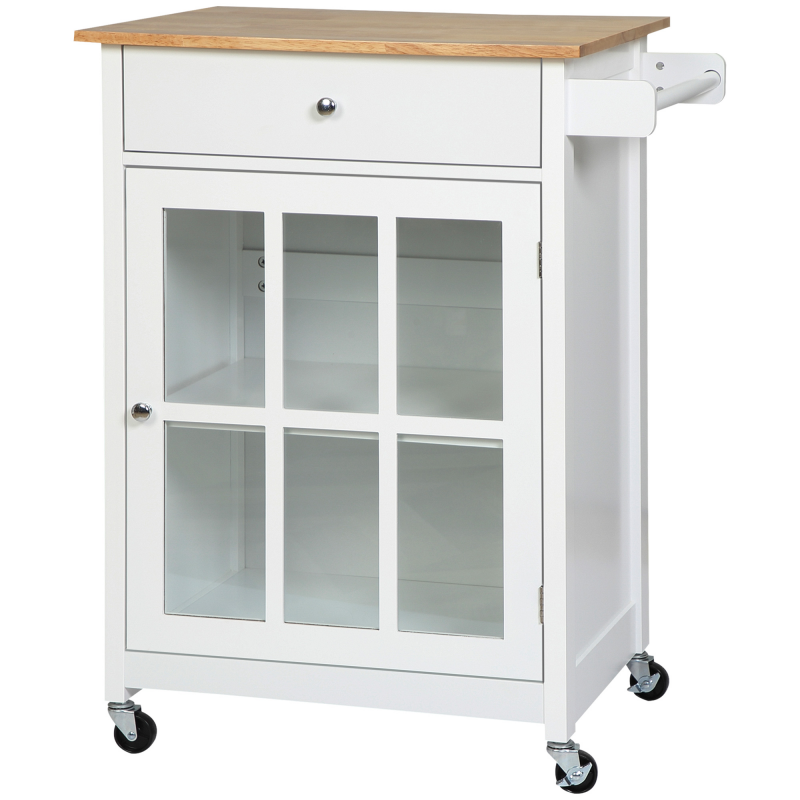 HOMCOM Küchenwagen Küchenrollwagen Servierwagen mit Räder Schublade Weinablage MDF Gummiholz Weiß+Eiche 67 x 48 x 86,5 cm Aosom – Bild 1 von 2
