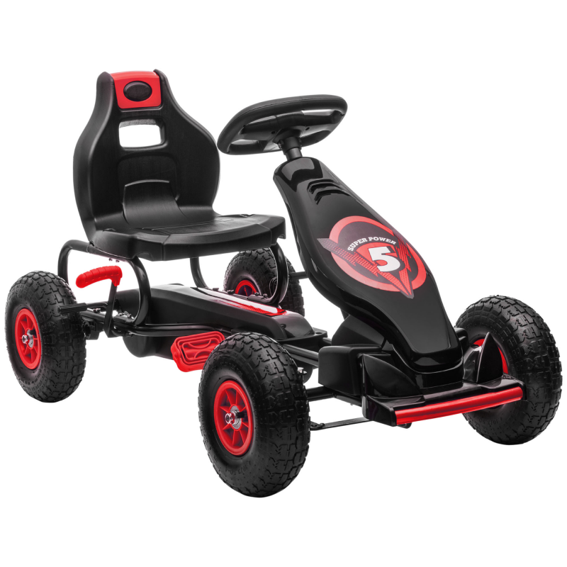 HOMCOM Gokart, Kinderfahrzeug mit verstellbarem Sitz, Tretfahrzeug mit Gummireifen, Pedal, Handbremse, für 5-12 Jahre, Outdoor, Rot+Schwarz Aosom – Bild 1 von 2