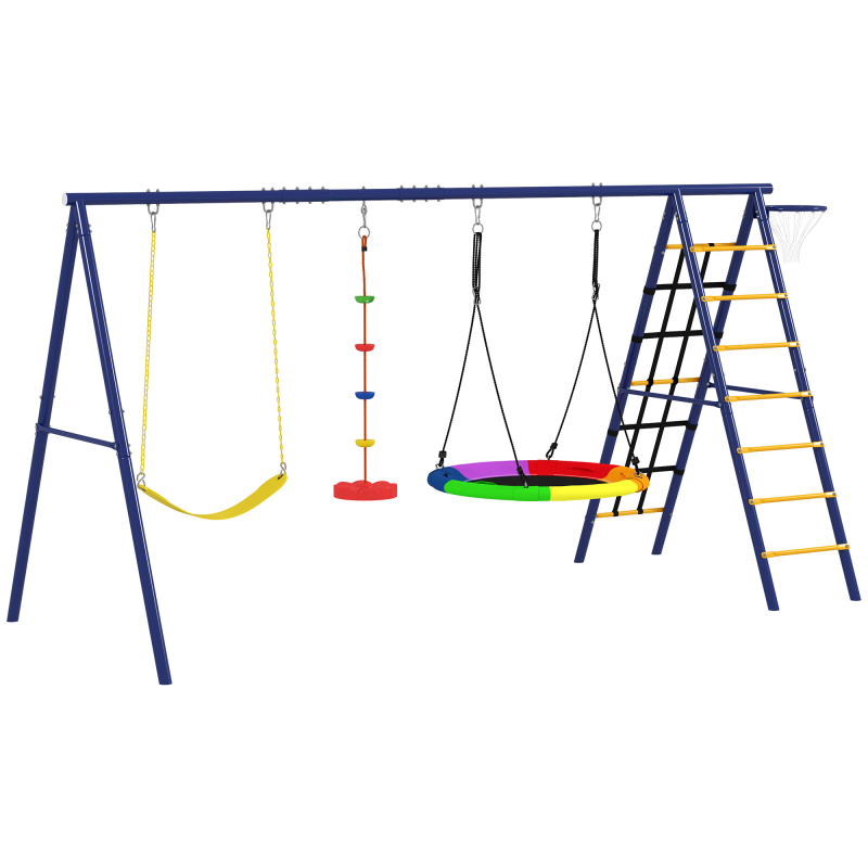 AIYAPLAY Kinderschaukel-Set 6 in 1 Schaukelgerüst aus Stahl mit Gurtschaukel, Nestschaukel, Seilscheibenschaukel, Kletternetz, Kletterleiter und Basketballkorb für Kinder 3-8 Jahre Aosom – Bild 1 von 2