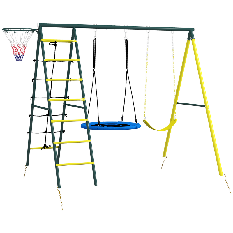 Outsunny 4 in 1 Schaukelset, Schaukel Gerüst, Kinderschaukel, 2er Schaukel, Basketballkorb, Kletterleiter, Stahl, Gelb Aosom.de – Bild 1 von 2