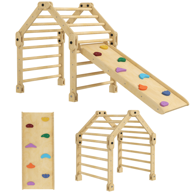 AIYAPLAY 3 in 1 Klettergerüst Set mit Rutsche, Kletterdreieck zum Rutschen und Klettern, Kletterspielzeug aus Holz, für Kinder 1,5-4 Jahre, Indoor, Mehrfarbig Aosom – Bild 1 von 2