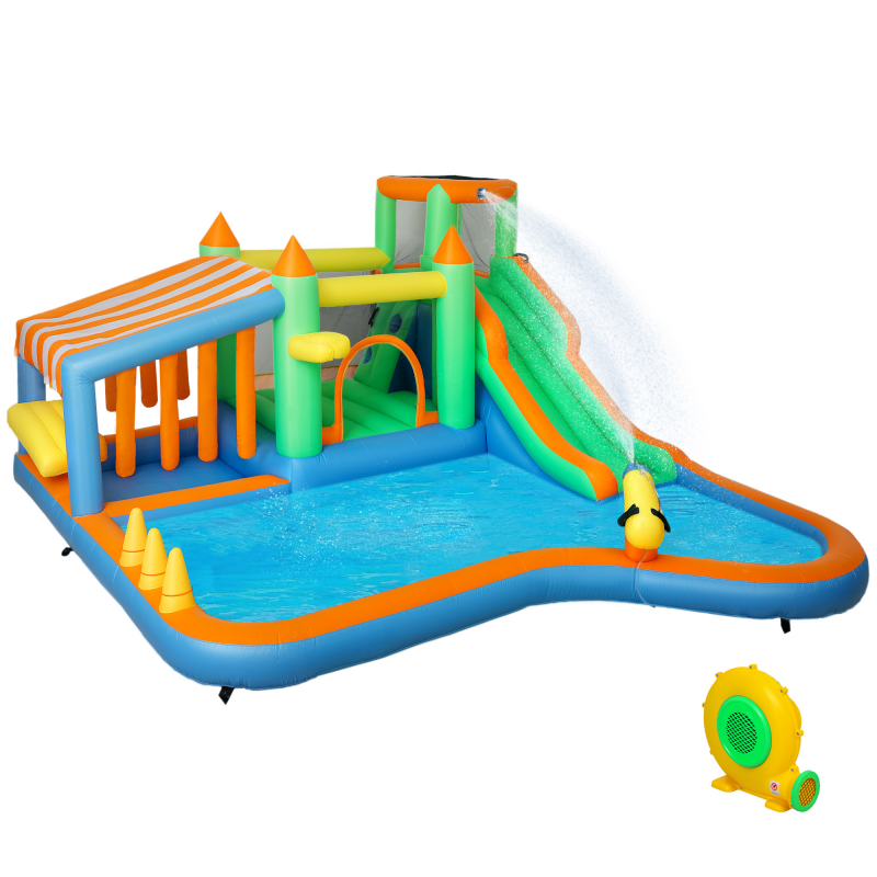 AIYAPLAY Hüpfburg mit Gebläse, Wasserrutsche, Planschbecken, Ballgrube, Kletterwand, Wurfring, Sprung, Basketballkorb, Wasserkanone, Aufblasbare Springburg für 3-8 Jahre, 416 x 370 x 195 cm Aosom – Bild 1 von 2