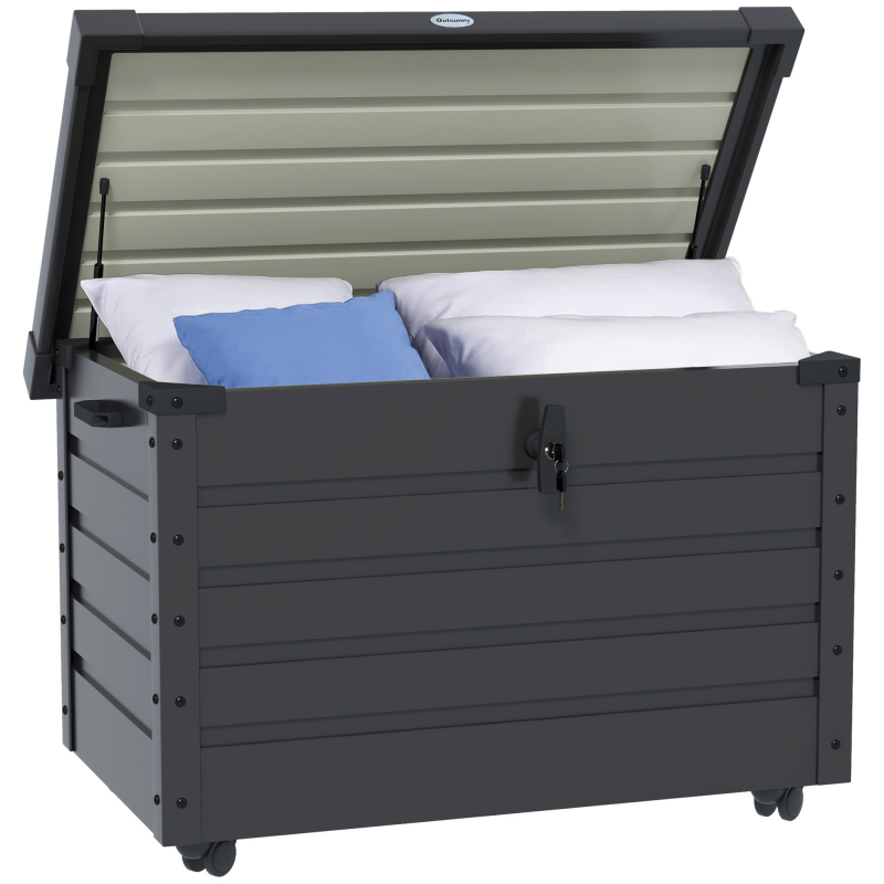 Outsunny Gartenbox, Aufbewahrungsbox mit Rollen, Aufbewahrungskiste mit Schloss, Griff, Gartentruhe für Balkon, Terrasse 100 x 62 x 65 cm, Dunkelgrau Aosom – Bild 1 von 2