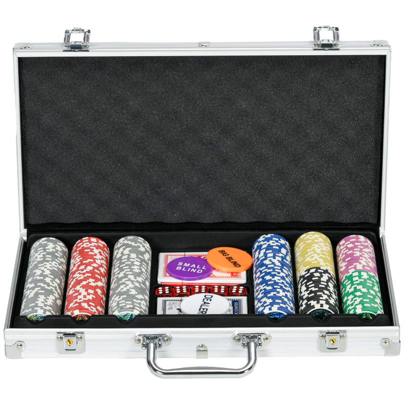 SPORTNOW Pokerkoffer Set 300 Chips 11,5g Komplett Pokerset mit Schloss 2 Decks 5 Würfeln Dealer Blind Buttons in Silber Aosom.de – Bild 1 von 2