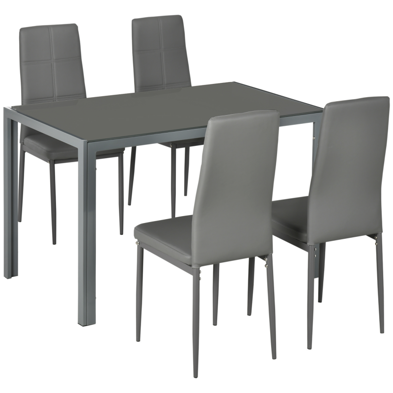 HOMCOM Esstisch-Set mit 4 Stühlen, Küchentisch mit Stühlen aus Kunstleder, rechteckige gehärtete Glasplatte, Stahlbeine, für kleine Räume, Wohnung, Bistro, grau Aosom – Bild 1 von 2