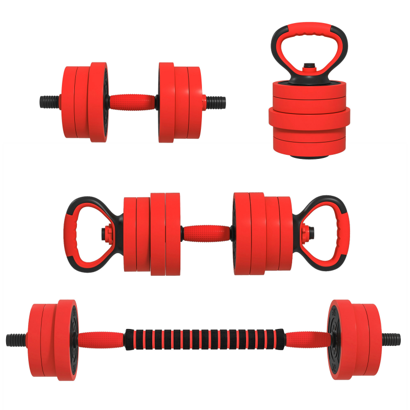 SPORTNOW Set Hanteln 4 in 1 30 kg Gesamt, Kunststoff & Sand, verstellbares Hantelset nutzbar als Kettlebell, 2 Hanteln, Langhantel und Liegestützgriffe, Rot Aosom – Bild 1 von 2