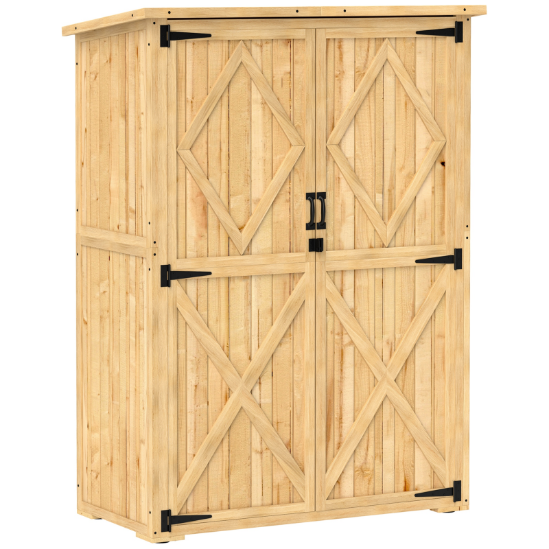 Outsunny Gartenschrank Holz, Geräteschuppen mit Abschließbar Doppeltür Asphalt-Dach Ablage 116,5x57x167cm, wetterfest Geräteschrank, Gerätehaus Gartenschuppen für Garten, Terrasse, Naturholz Aosom – Bild 1 von 2