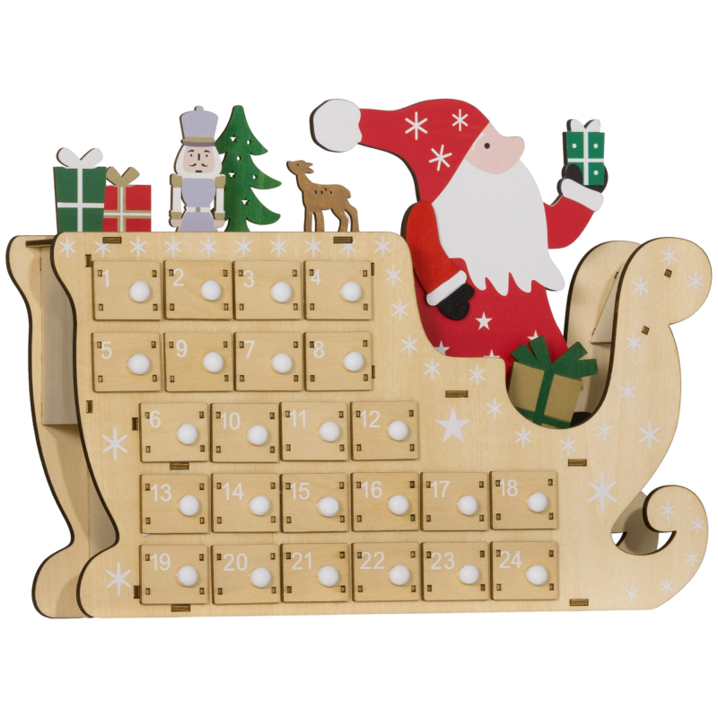 HOMCOM Adventskalender aus Holz mit 24 Schubladen, wiederverwendbarer befüllbarer Adventskalender, dekoriert mit dem Weihnachtsmann in seinem Schlitten, Weihnachtsdekoration, 22,5x8x36 cm, Natur Aosom – Bild 1 von 2