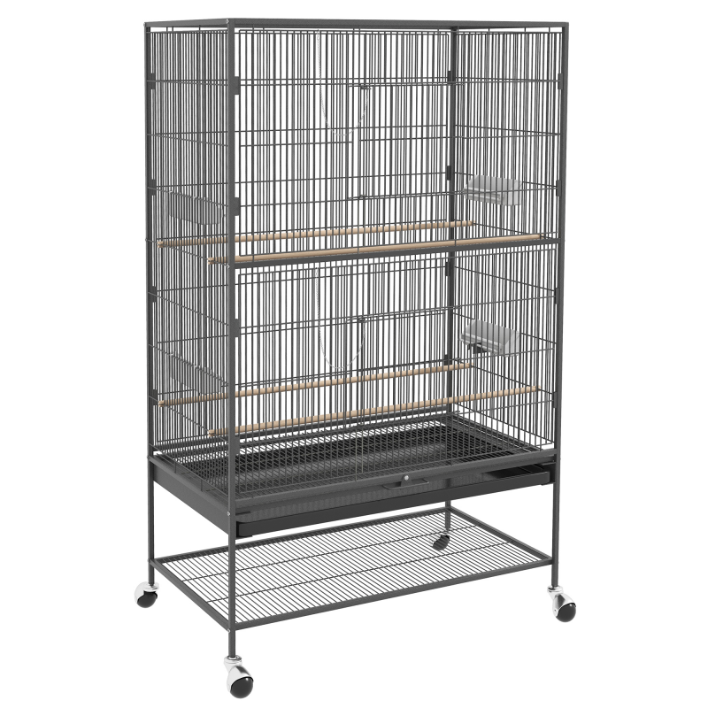 PawHut Vogelkäfig Vogelvoliere mit Sitzstangen und Ablage, 94 x 57 x 153 cm, Grau, mit Türen und Rollen für Vögel Aosom.de – Bild 1 von 2