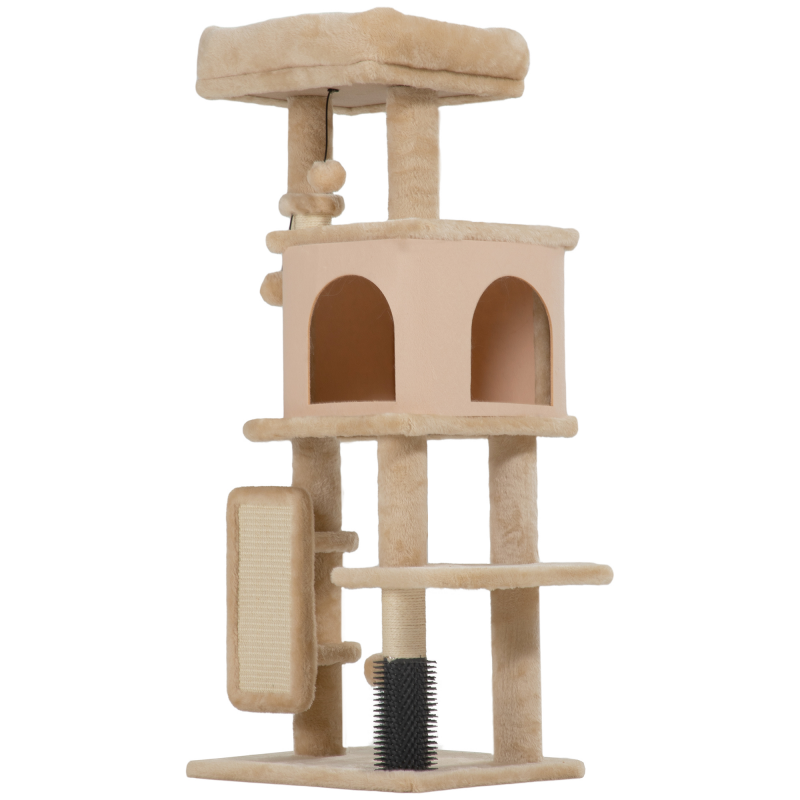 PawHut Mehrstöckiger Kratzbaum 104 cm, Katzenspiel- und Ruhezentrum mit Häuschen, Bett, Kratzstangen, Plattform, Bürste und Ball, Anti-Kipp-Vorrichtung, Beige Aosom – Bild 1 von 2