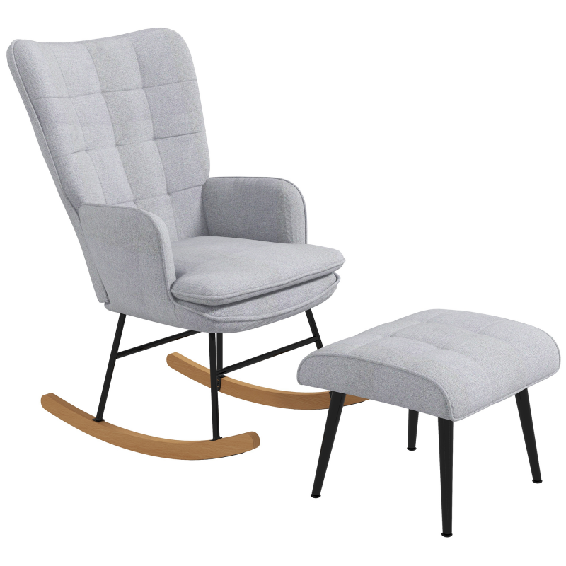 HOMCOM Schaukelstuhl Schwingsessel mit Hocker, Armlehnsessel, Relaxsessel mit Leinenoptik, Schaukelsessel bis 130 kg Belastbarkeit, Hellgrau Aosom – Bild 1 von 2