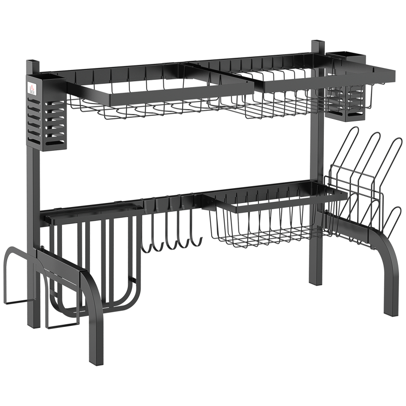 HOMCOM Abtropfgestell Geschirr, 2-stufiges Abtropfständer mit Haken, Tellerregal, Zubehör, 65 cm Abtropfgitter Gestell für Küchenspüle, Stahl, Schwarz Aosom – Bild 1 von 2