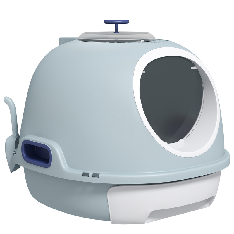 PawHut Katzentoilette mit Dachfenster & Schaufel Tragbar, PP ABS, See-Blau, 47x55x44cm Aosom – Bild 1 von 2