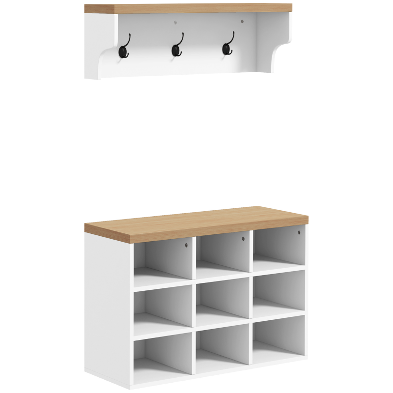 HOMCOM 2-in-1 Flurmöbel-Set, Wandgarderobe mit Schuhbank, Garderobe, mit 3 Haken und 9 Fächern, für Wohnzimmer, Schlafzimmer, Eingangsbereich, Weiß und Eiche Aosom – Bild 1 von 2