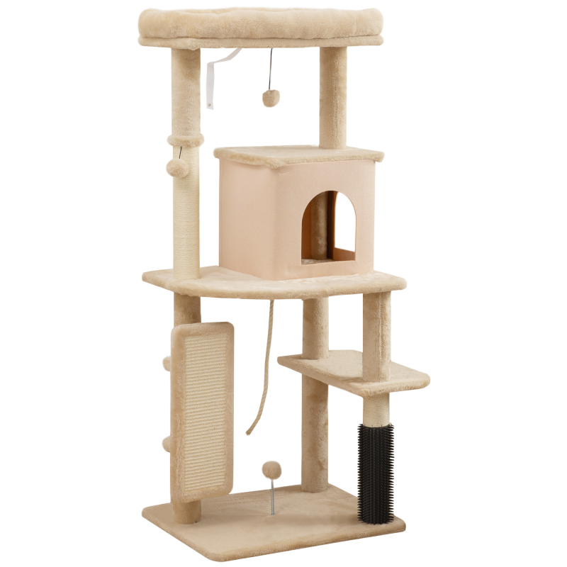 PawHut Mehrstufiger hoher Kratzbaum 132 cm, Katzenspielplatz mit Häuschen, Katzenbett, Kratzsäulen, Plattform, Bürste und Ball, Kippschutzvorrichtung, Beige Aosom – Bild 1 von 2
