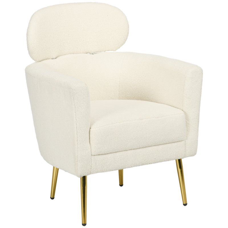 HOMCOM Wohnzimmer-Sessel mit abnehmbarer Kopfstütze, Fauteuil crapaud, moderner Stil, Teddyplüsch-Bezug, goldfarbene Metallfüße, für Wohnzimmer, Schlafzimmer, Arbeitszimmer, Creme Aosom – Bild 1 von 2
