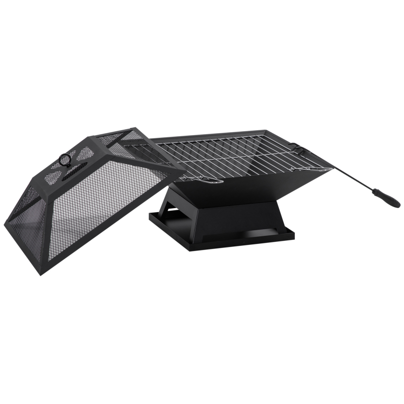 Outsunny Feuerschale Garten Feuerkorb mit Grillrost und Funkenschutz, Stahl Schwarz 45x45x34cm, inkl. Schürhaken für gemütliche Abende Aosom.de – Bild 1 von 2