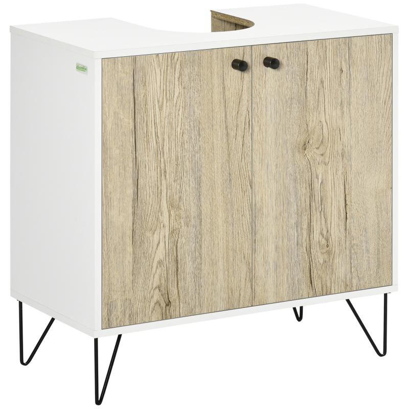 kleankin Waschbecken-Unterschrank, Badezimmermöbel mit 2 Türen und Einlegeboden, Stahlfüße, Unterschrank fürs Waschbecken, moderner Stil, 60 x 30 x 60 cm, weiß und Naturholz Aosom – Bild 1 von 2