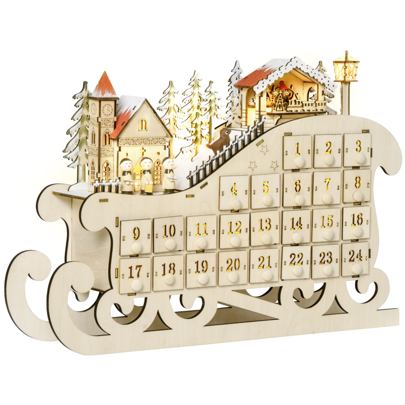 HOMCOM Adventskalender zum Befüllen 24 Schubladen mit LED-Lichtern Schlitten-Form Weihnachtskalender DIY 45 x 10 x 31 cm für festliche Dekoration Aosom.de – Bild 1 von 2