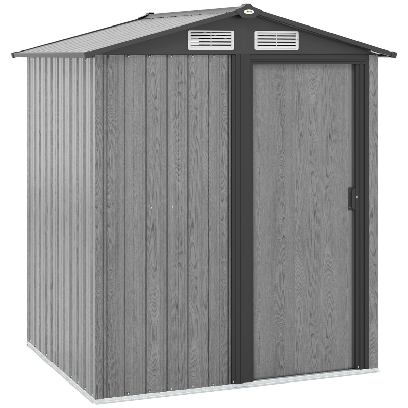 Outsunny Gartenschuppen 1,7 m² aus verzinktem Stahl, Geräteschuppen mit geneigtem Dach, 4 Lüftungsöffnungen, Schiebetür, Fundamentplatte, 152x132x188 cm, Grau Holzoptik Aosom – Bild 1 von 2