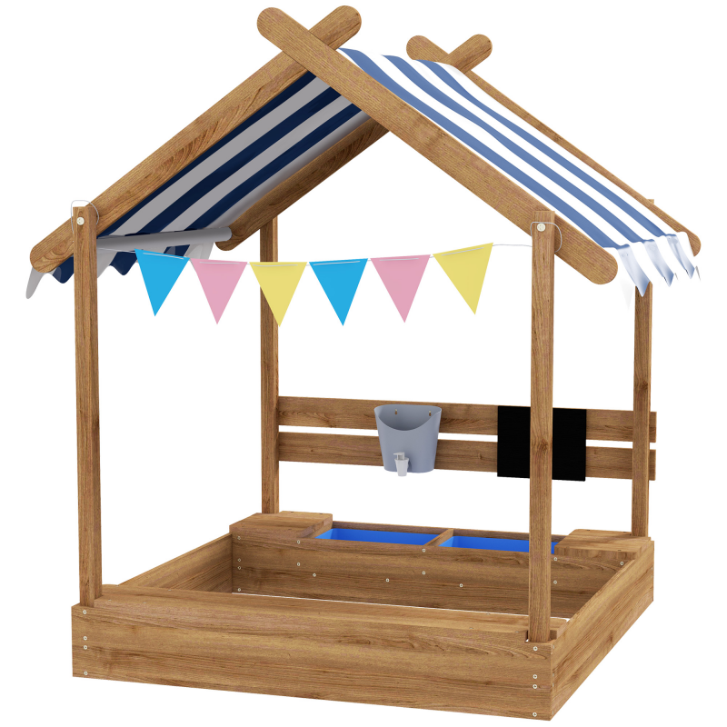 Outsunny Sandkasten mit Dach Holz Sandbox mit Sitzplatz und Tafel für 3-7 Jahre 124x116x146cm Garten Spielhaus Braun Aosom.de – Bild 1 von 2