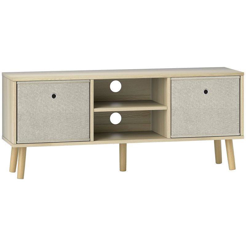 HOMCOM TV-Möbel, TV-Tisch mit 2 Stoffschubladen, 2 offenen Ablagen, Kabeldurchlässen, für Fernseher bis 127 cm, Länge 110 cm, für Wohnzimmer, Schlafzimmer, Holz und Beige Aosom – Bild 1 von 2