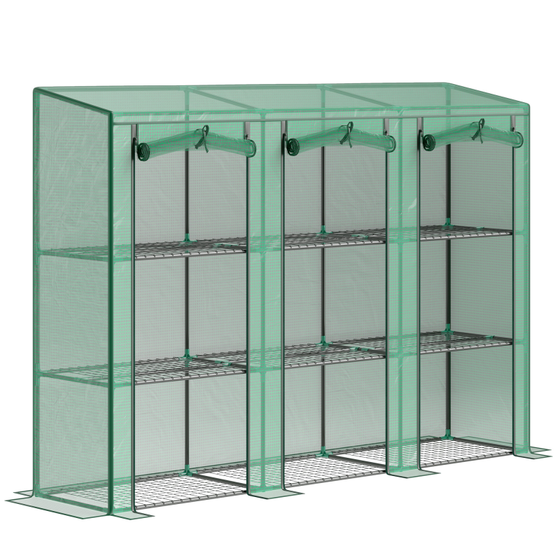 Outsunny 3-stufiges Außen-Gewächshaus mit 9 Regalen, aufrollbare Tür mit Reißverschluss, Stahlrahmen, PE-Abdeckung 140g/m² UV-beständig für Terrasse/Garten, 215x46x151cm, Grün Aosom – Bild 1 von 2