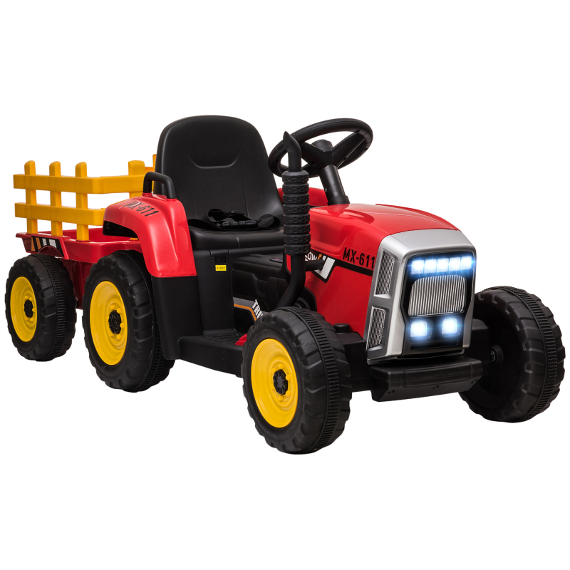 HOMCOM Elektrischer Traktor für Kinder Elektroauto mit Anhänger, Fernbedienung, MP3, Scheinwerfer, 3-6 km/h, rot Aosom.de – Bild 1 von 2