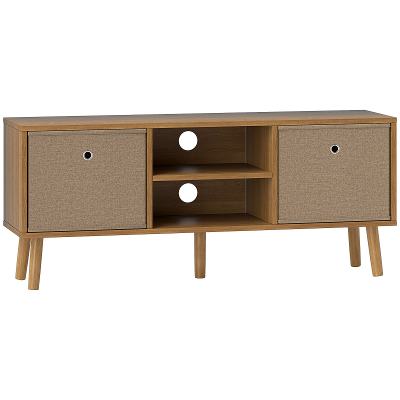 HOMCOM TV-Möbel, TV-Tisch mit 2 Stoffschubladen, 2 offenen Fächern, Kabeldurchführungen, für Fernseher bis 127 cm, Länge 110 cm, für Wohnzimmer, Schlafzimmer, Holz und Hellbraun Aosom – Bild 1 von 2