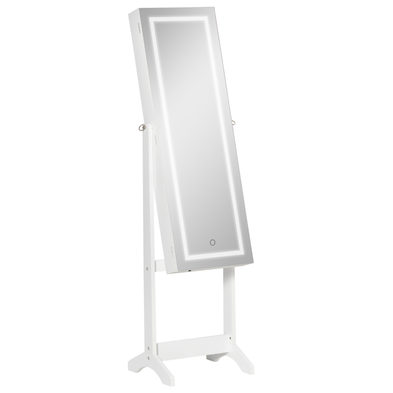 HOMCOM Schmuckschrank mit LED Spiegelschrank Schmuckorganizer Standspiegel Winkel verstellbar Weiß 46 x 36,5 x 151,5 cm Aosom – Bild 1 von 2