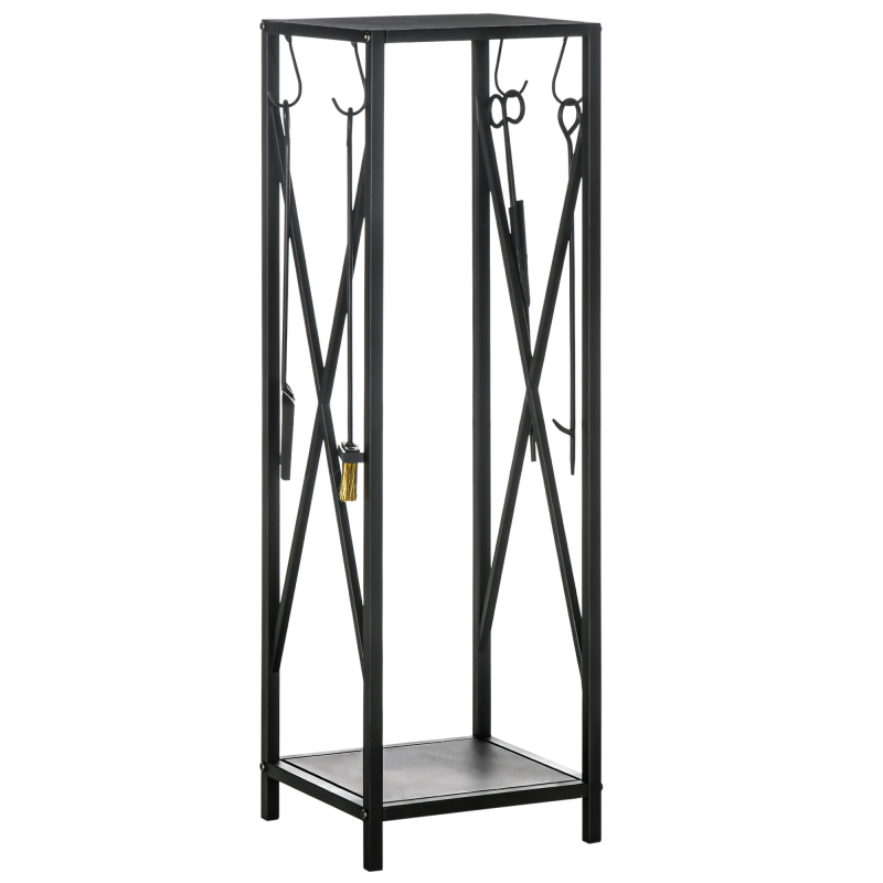 Outsunny Platzsparender Metall-Kaminholzhalter für innen und außen mit Schaufel, Bürste, Schürhaken und Zange, 34x34x111cm, Schwarz Aosom – Bild 1 von 2