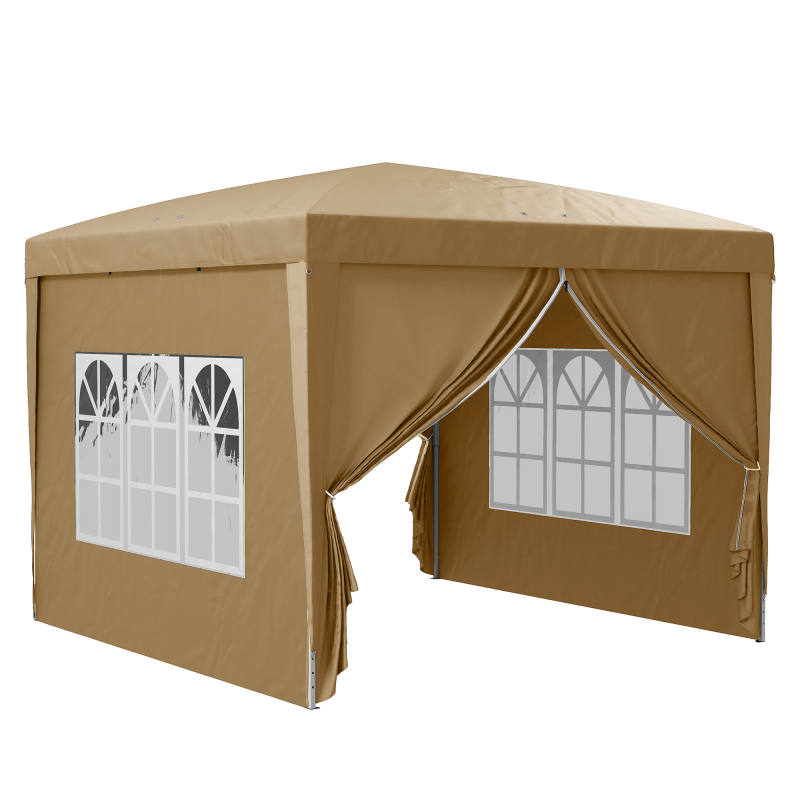 Outsunny Faltpavillon 3x3 Pop Up mit 2 Türen und 2 Fenstern, 4 Seitenteilen und Tragetasche, Außenpavillon aus Stahl und Oxford-Gewebe, für Garten, Party, Camping, Khaki Aosom – Bild 1 von 2