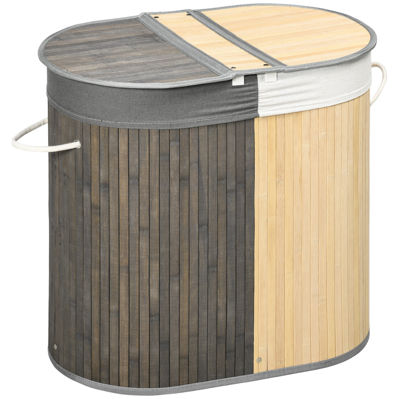 HOMCOM Bambus Wäschekorb mit Deckel 100L Wäschesammler mit Griffen, 2 herausnehmbarer Wäschesack, Wäschesortierer Wäschebox für Waschküche, Badezimmer, Schlafzimmer, Grau+Natur Aosom – Bild 1 von 2
