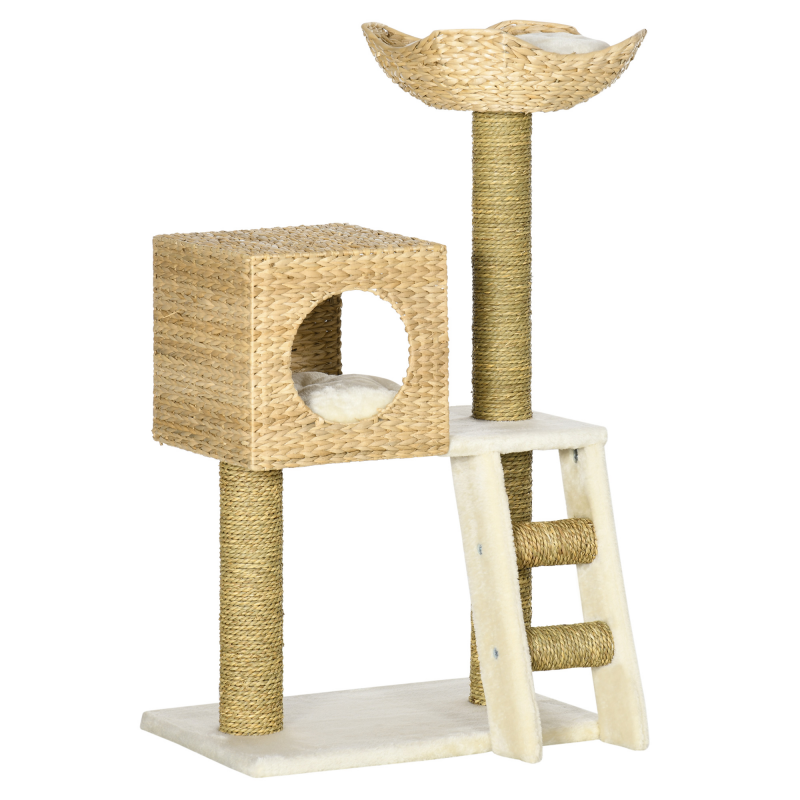 PawHut Kratzbaum 100,5 cm hoch mit Katzenhöhle, Bett und Katzentreppe, Sisal-Kratzsäulen und Kissen für kleine Katzen, Natur Aosom.de – Bild 1 von 2