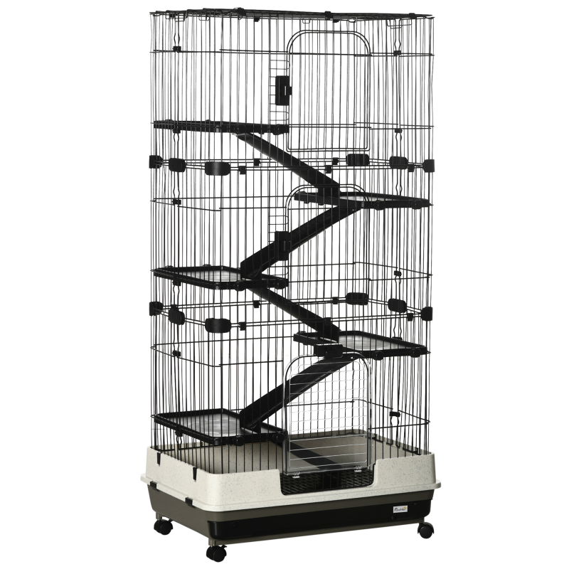 PawHut Großes Kaninchengehege mit 5 Ebenen, Gehege für Frettchen und Chinchillas mit 3 Türen, 5 Rampen, abnehmbarem Tablett und Rollen, 81 x 52,5 x 159 cm, schwarz und grau Aosom – Bild 1 von 2