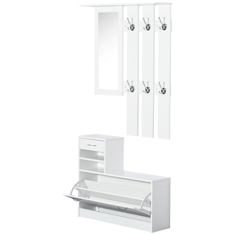 HOMCOM 3 in 1 Garderoben Set Garderobenpaneel Schuhschrank mit Spiegel 2 tlg Weiß Aosom – Bild 1 von 2