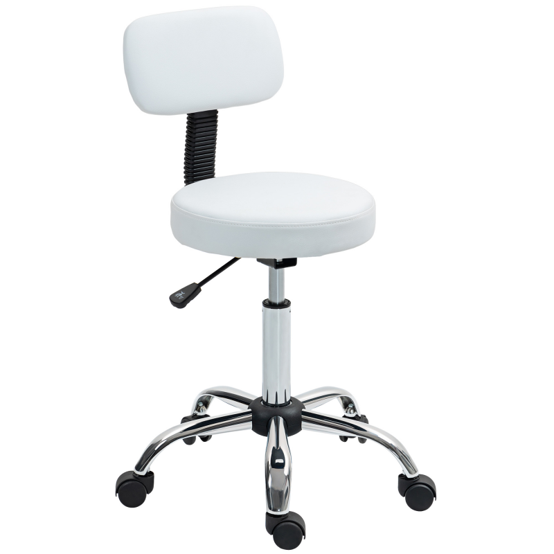 HOMCOM Drehbarer Hocker mit Rollen, Arbeitshocker mit abnehmbarem Rücken, höhenverstellbar, Kunstlederbezug, für Büro, Schlafzimmer, Weiß Aosom – Bild 1 von 2